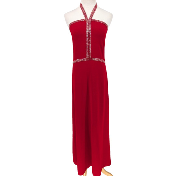 Rare VTG St John Couture Red Santana Knit Crystal Embellished Halter Maxi Dress - Picture 1 of 13